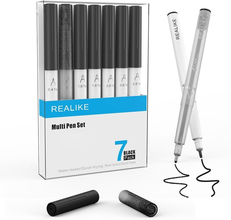 REALIKE أقلام متنوعة لجهاز كريكت ميكر 3/ميكر 4/ميكر/إكسبلور 3/4/إير 2/إير، مجموعة أقلام سوداء من 7 قطع تشمل قلم دقيق، قلم جل لامع، قلم تعليم، أقلام خط ورسم متوافقة مع كريكت - Image 1